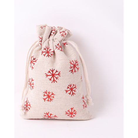 Sacs en lin, lot de 10, sacs en jute à cordon, imprimé étoiles, sacs cadeaux de Noël, sacs en toile de jute, sacs en tissu, sacs cadeaux à suspendre, flocons de neige, rouges, 13 × 18 cm