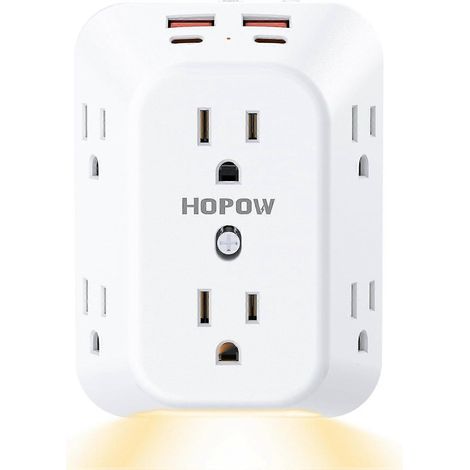 Multiprise, 6 prises, 2A2C, 1050J, chargeur mural USB, 1875W/15A, blanc (avec veilleuse), 12W, 1 paquet. (1/3)