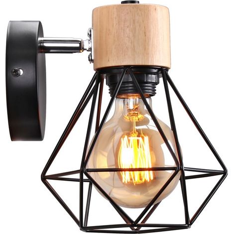 Appliques Murales Industrielles Design Cage en Métal Lampe Murale Bois Décoration Ajustable Vintage Luminaire Interieur 16CM Noir (1/4)