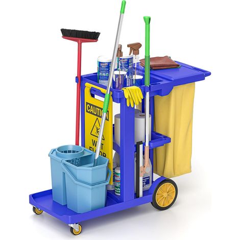 Chariot de nettoyage avec 3 compartiments, chariot de nettoyage pour commerces, 83 x 46 x 90 cm, chariot ménager à 4 roues, grande capacité de 65 L pour sac poubelle, idéal pour (1/5)