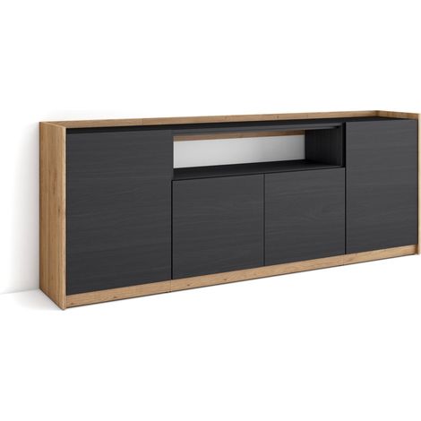 Skraut Home - Buffet salon et cuisine, Commode, 207x37x80cm, 4 Portes, Meuble chaussure, Noir et chêne (1/5)