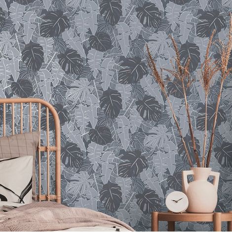 Papier peint nature bleu et gris Tapisserie florale feuillage Papier peint moderne intissé style jungle idéal pour chambre (1/5)