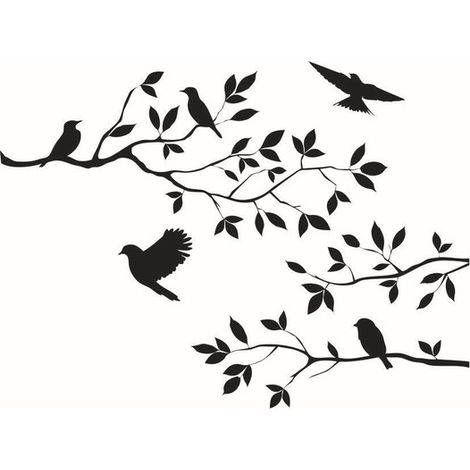 Sticker mural représentant une branche d'arbre et un oiseau - Décoration murale - Décoration murale pour le salon - Sticker mural repositionnable - Décoration murale - Noir - PVC (1/5)