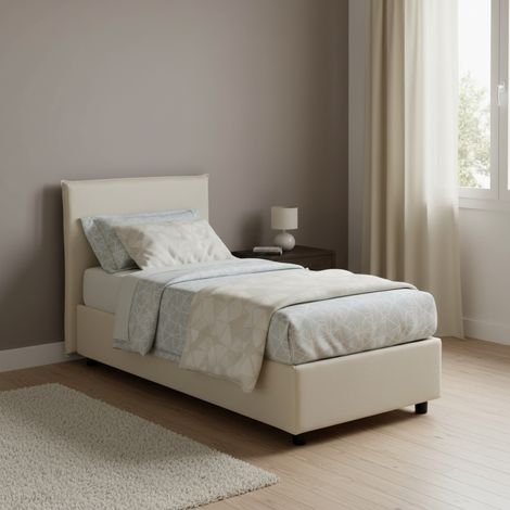 Talamo Italia Cama individual Catia, Cama contenedor con revestimiento de tela, 100% Made in Italy, Apertura frontal, con colchón Cm 80x200 incluido, Beige, con embalaje reforzado (1/5)
