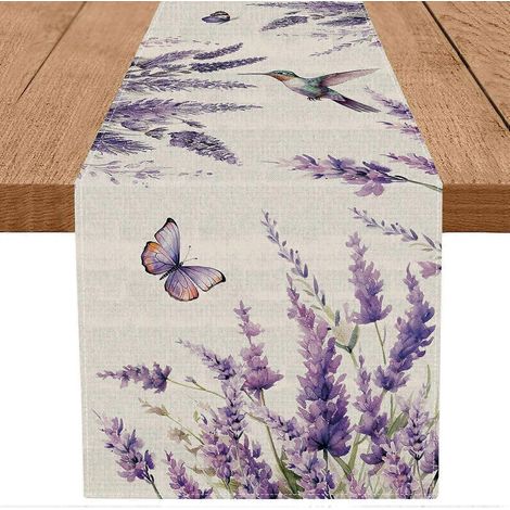 Chemin de table printanier en toile de jute lavande et violette avec papillons, idéal pour les fêtes à la maison, la cuisine et la salle à manger. Dimensions : 33 x 152 cm (13 x 60 pouces). (1/5)