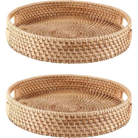 2X Plateau de Service Rond en Rotin Plateaux Ottomans Décoratifs Tissés avec Poignées pour Table Basse Naturel (Petit) (1/4)