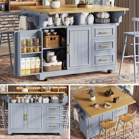 Îlot de cuisine multifonction sur roulettes, plateau extensible des deux côtés, portes motif vertical, nombreux tiroirs de rangement, extension table repas pour votre cuisine (1/5)