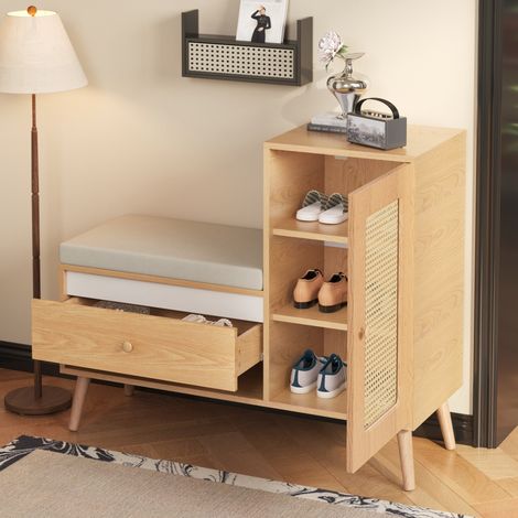 meuble rangement entrée banc chaussures rotin naturel OKMYHOME (1/5)