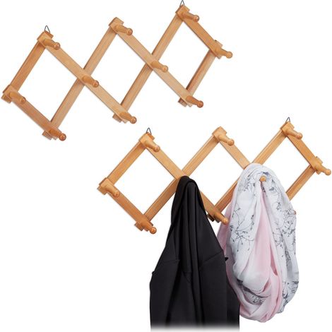 Relaxdays 2x Wall Coat Racks, 10 Hooks Each, Extendable Wardrobe, Stable, Wood, max. HWD: 5.5 x 87.5 x 7.5 cm, Natural