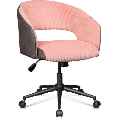 Chaise de bureau DEVAISE, chaise pivotante réglable en hauteur pour coiffeuse et bureau, tissu velours côtelé et cuir synthétique, pivot 360°, charge max 180 kg, blanc et gris foncé (1/5)