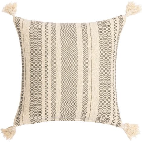 Coussin déhoussable Solando – 45 x 45 cm – Coton/Polyester avec fils métallisés et pompons - 45x45cm - Naturel (1/2)