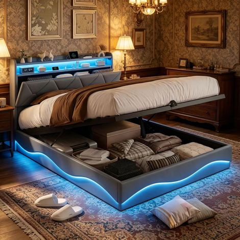 Lit coffre 160x200cm avec lumière LED, lit capitonné avec ports USB et Type-C, lit double avec rangement, Sommier à lattes, lit adulte, Velours, Gris (1/5)