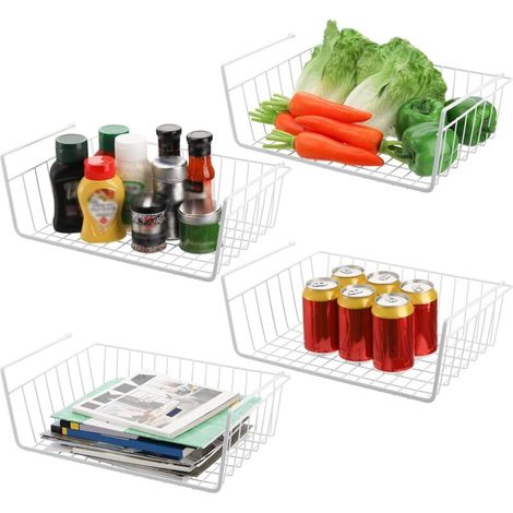 Paniers de rangement suspendus sous étagère – Lot de 4 modèles coulissants en acier laqué, idéaux pour cuisine, bureau et bibliothèque