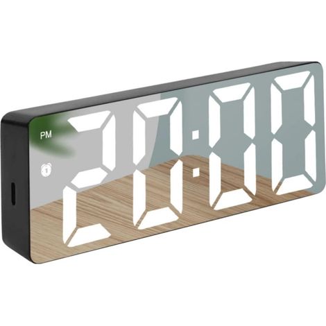 LED-Spiegelwecker, Digitaluhr, Temperaturanzeige, Datumsanzeige, Kalender, Lichtsensor, Dimmfunktion, Schlummerfunktion, Notstromversorgung, Sprachsteuerung für Schlafzimmer und Büro, Schwarz/Weiß (1/5)