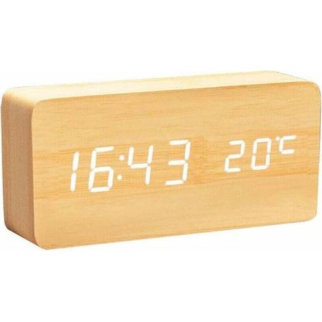Horloge numérique en bois - Un réveil multifonctionnel avec affichage de l'heure, de la date et de la température, et commande vocale, idéal pour la maison, le bureau et les voyages. (1/4)