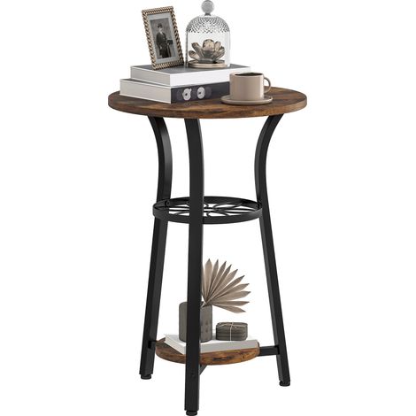 Rustic Brown Small Round Side Table with 3 Storage Shelves for Living Room or Bedroom