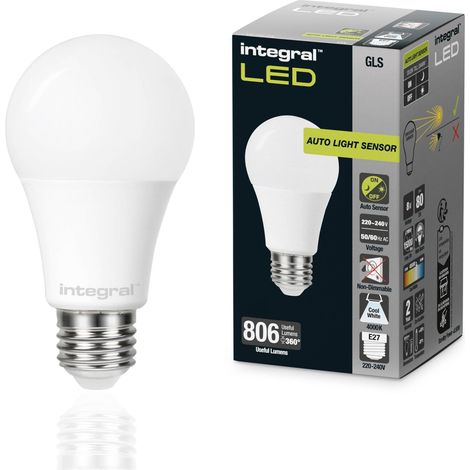 Ampoule GLS E27 verre dépoli Capteur jour/nuit 8 W, flux lumineux de 806 lm (équivalent 60 W) Lumière blanc froid 4 000 K Non compatible variateur Idéale extérieur (1/5)