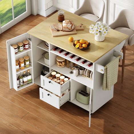 Isla de cocina extensible 104x69x89 cm de MDF blanco con almacenaje FloraGrace (1/5)