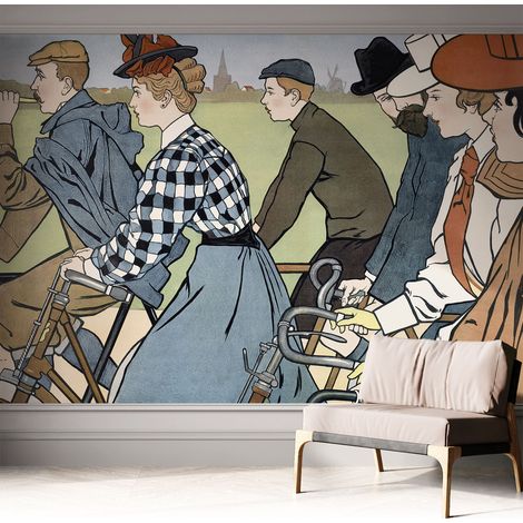 Papier peint autocollant adhésif installation rapide du papier peint durable et résistante Cyclistes vintage 312x219 cm (1/5)