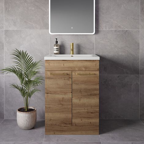 Napoli 460 Tobacco Oak 600mm 2 Door Vanity Unit with Glide Basin - 600mm - Brushed Brass 160mm Handle