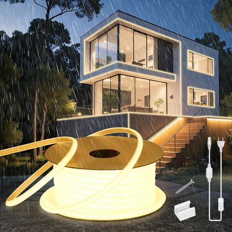 Neon COB Ruban LED Exterieur 20m, Silicone Ronde Néon Bandeau Led 220V Etanche Ignifuger IP65 Bande LEDs Flexible Blanc Chaud 3000K Découpable Rubans à Leds 120LED/m Avec Alimentation (1/5)
