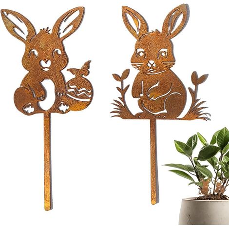 2 PCS Piquet de jardin, Lapin en métal rouillé, Décoration extérieur et intérieur, Résistant aux intempéries, Pour parterre de fleurs (1/5)
