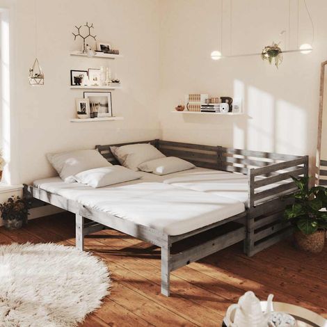 Lit gigogne canapé-lit 2 places en pin massif gris, 2 x 90 x 200 cm, sans matelas - PANGIVO (1/5)