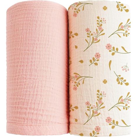 Baby-Wickeldecken (2er-Pack, 120x120cm), weich und atmungsaktiv, unisex, geeignet für Neugeborene (rosa Blumen). (1/5)