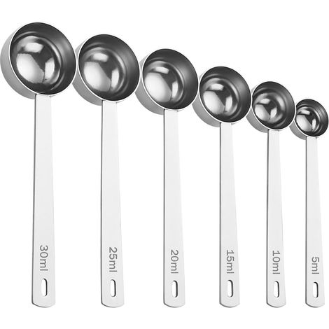Lot de 6 cuillères doseuses en acier inoxydable pour café, lait en poudre (5-30 ml). (1/5)