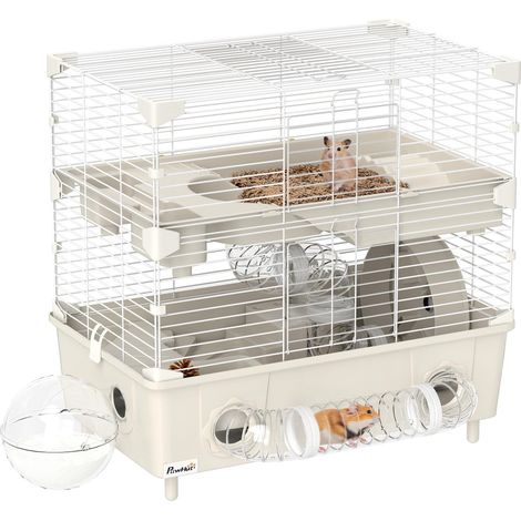 Cage à hamster à double couche et trois portes avec roue et tubes, fabriquée en acier, PS et PP, 44,5 x 28 x 44 cm, blanc cassé.