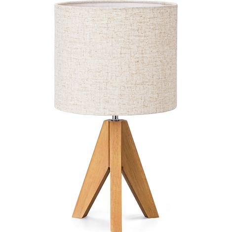 EDISHINE Lampe de table avec abat-jour en lin, lampe de chevet en bois H36 cm, ampoule E27 LED 2700K incluse, noyer clair, trépied