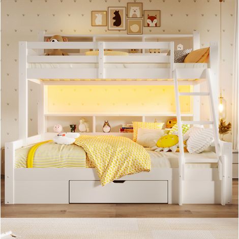 Litera infantil 90x200 cm + 140x200 cm con escalera, barrera, cajón, LED, blanco, REDOM (1/5)