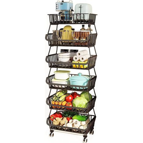 Panier de Fruits et Legumes avec Roues, Support Utilitaire de Panier de Fruits Roulant empilable à 6 Niveaux, Panier a Legumes pour la Cuisine, Garde-Manger,Les Toilettes (1/5)