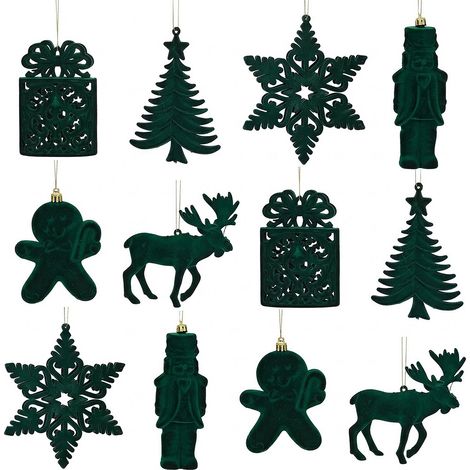 Set 12 decorazioni Verde Antico 15cm Effetto Vellutato per Albero di Natale Natalizi Decorazione addobbo in Velluto Assortiti con Pacco Regalo Alberello Renna Stella Soldatino Omino Biscotto (1/5)