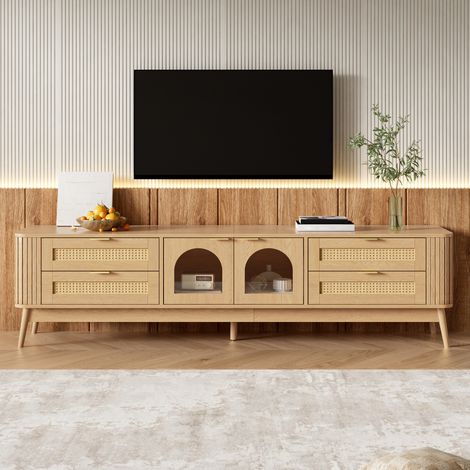 Meuble TV 180 cm aspect bois naturel avec 4 tiroirs effet cannage et 2 portes vitrées éclairage LED commandé par application (1/5)