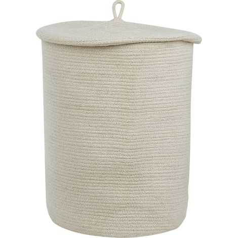 Cesta de algodón blanco crema 52 cm patrón a rayas tapa accesorio boho Silopi (1/5)