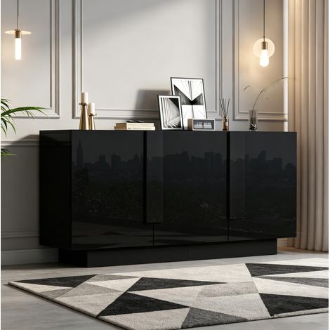 Meuble TV 160x35x60 cm en panneaux de bois noir, avec rangement pour salon FloraGrace (1/5)