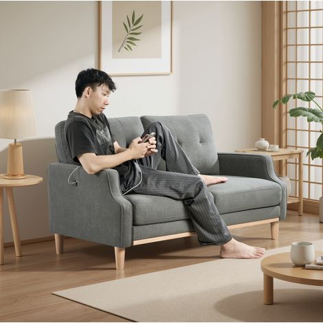 REDOM - Divano a 2 posti, porta USB, cuscino spesso, braccioli originali, legno e tessuto, grigio scuro (1/5)