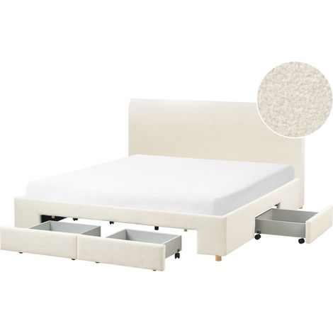 Letto moderno con cassetti imbottiti in bouclé con rete a doghe 180 x 200 cm bianco panna Soutrin