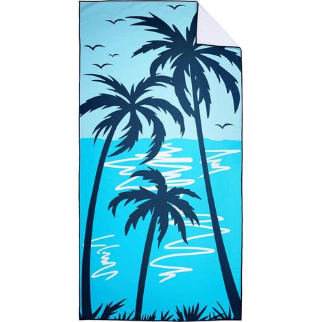 Grande serviette de plage en microfibre 90 x 180 cm – Serviette de plage compacte et à séchage rapide – Motif palmiers sur bleu – Pour voyage, vacances, camping avec sac