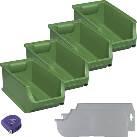 vasalat Stapelboxen 355x205x150mm Gr.4, Sichtlagerboxen für Werkstatt Garage und Lager, Kunststoff grün, 4x Sichtlagerkästen + 2x Trennsteg (1/5)