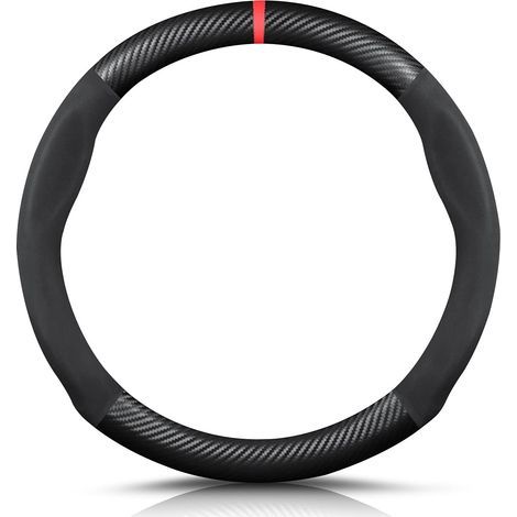 Round Shape Carbon Fibre & Microfibre PU Leather Steering Wheel Cover Non-Slip Car Steering Wheel Cover Breathable Sport Car Steering Wheel Cover for Diameter 38 cm (15 Inches) - Black Red (1/4)