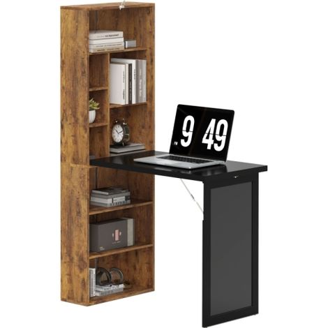 Rustic Brown Folding Desk with Blackboard-Multi-functional Office Workstation with Side Shelf for Home Use