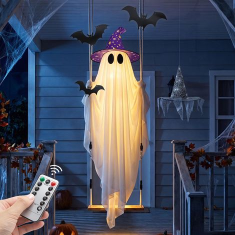 Décoration Halloween Fantôme Lumineux 1,5 m, Suspension LED avec Chapeau et Chauves-Souris, Décoration Extérieure pour Jardin, Porche et Cour (1/5)