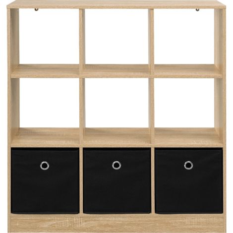Étagère en bois mélaminé avec 3 tiroirs en tissu non tissé, rangement modulable couleur chêne clair et noir (1/5)