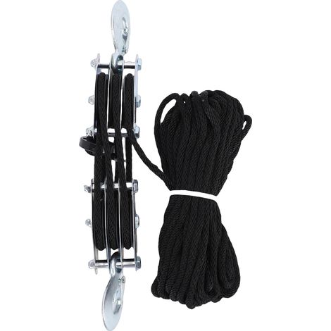 Système poulie moufle robuste – Crochet zinc alliage rotatif 270° corde haute résistance roulement, levage chasse 3 roues 15m (1/5)