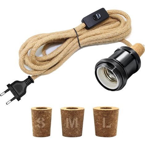 Adaptateur Bouteille pour Douille de Lampe, 240CM Corde de Chanvre Câble, Céramique Douille E27, Support Lampe Bouteille, 3 Bouchons Souples, Kit Lampe Bouteille pour Différent Abat Jour, Noir (1/5)