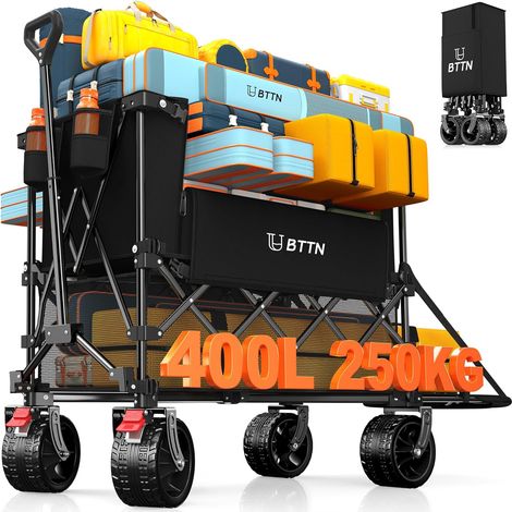 Chariot à main pliable à deux étages - 400 l - Charge maximale : 250 kg - Extra long - Avec hayon et pneus tout-terrain avec freins - Pour camping, shopping et sport - Noir (1/5)
