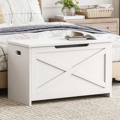 Banc Coffre de Rangement en Bois 76 cm avec Assise, Blanc (1/5)