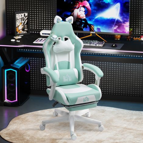 Gaming-Sessel mit Katzenohren, neigbare Lehne, ausziehbare Fußstütze, bis 120 kg belastbar, Seeblau (1/5)